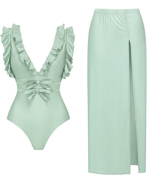 Light Green Solid Ruffle One Piece Swimsuit With Beach Skirt