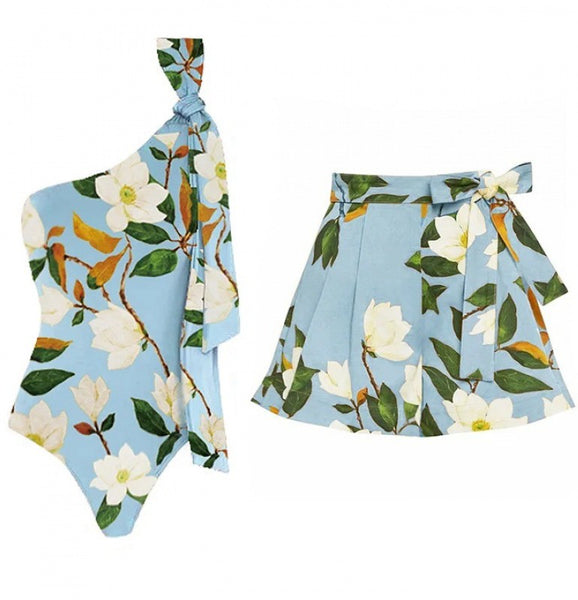 Sky Blue Floral One Shoulder One Piece Swimsuit With Beach Skirt