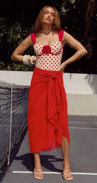 Red Polka Dots Underwire One Piece Swimsuit With Sarong