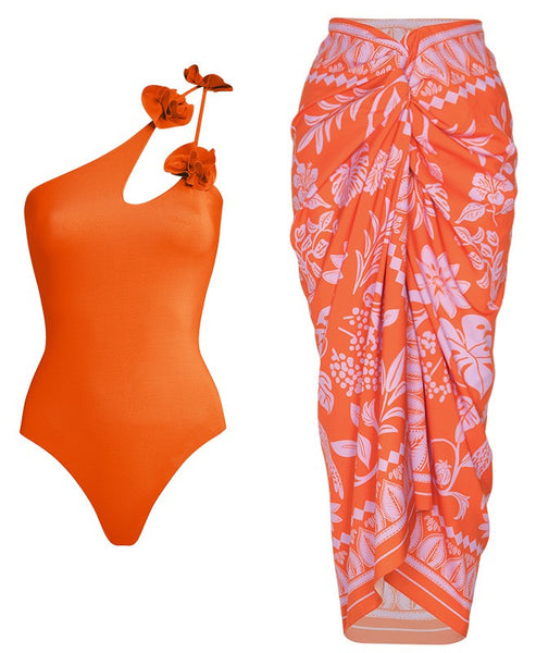 Orange Tropical One Shoulder One Piece Swimsuit With Sarong