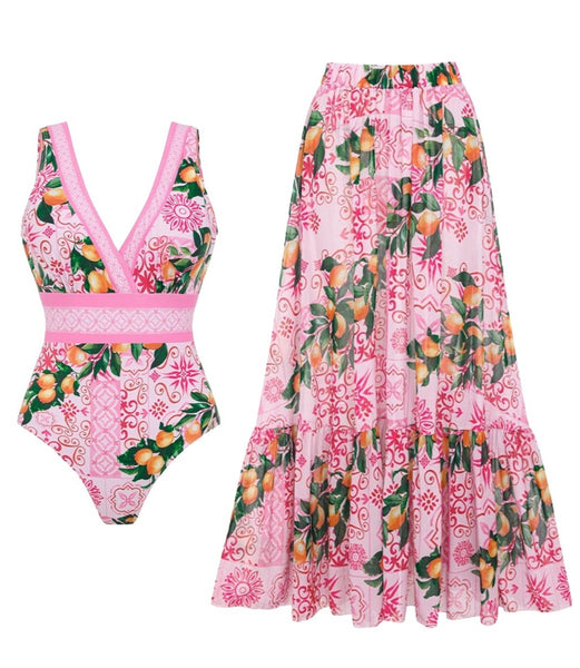 Pink Fruit Print Deep V One Piece Swimsuit With Beach Skirt