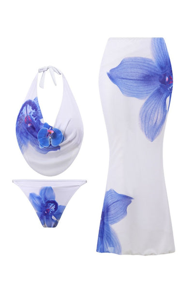 White Floral Halter Bikini Set With Beach Skirt