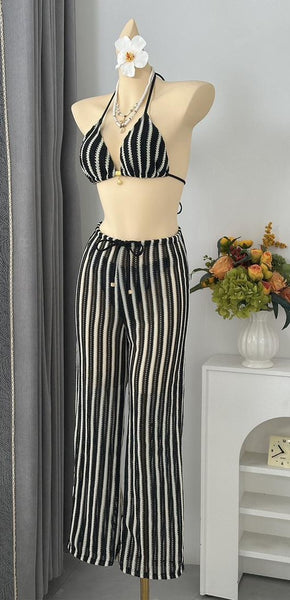Black Stripes Halter Bikini Set With Beach Pants