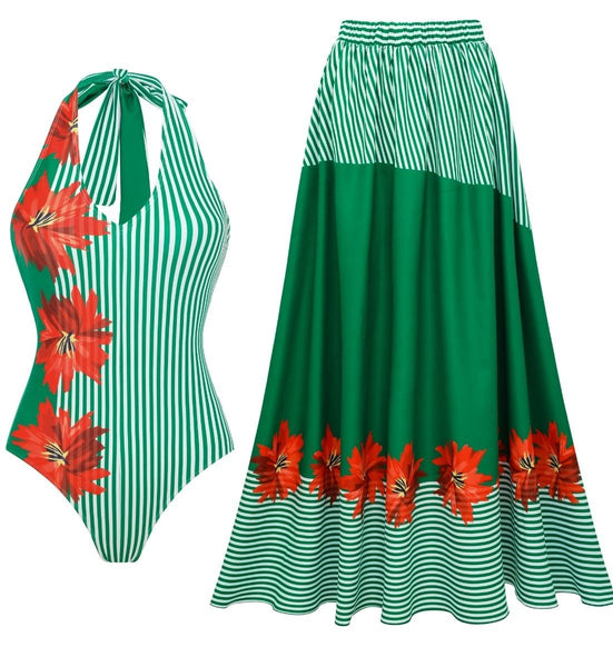 Green Stripes Halter One Piece Swimsuit With Maxi Cover Up