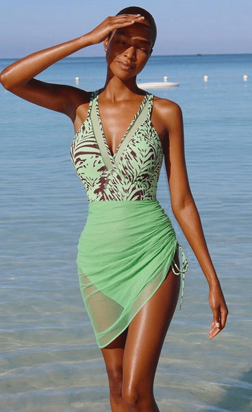 Light Green Tropical Ruched Swimsuit