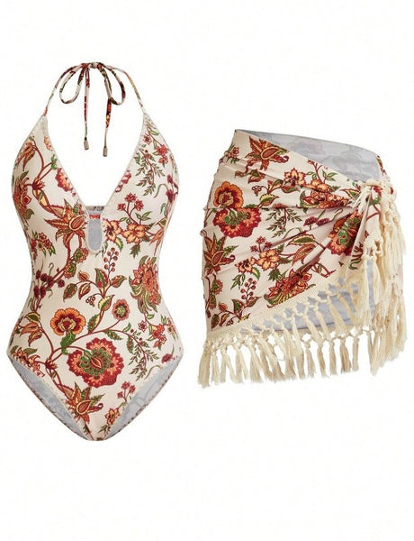 Brown Floral Halter One Piece Swimsuit With Sarong