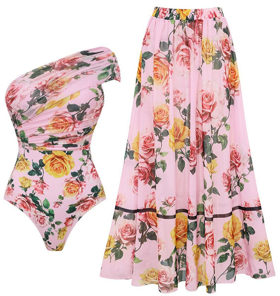 Light Pink Floral One Shoulder One Piece Swimsuit With Beach Skirt