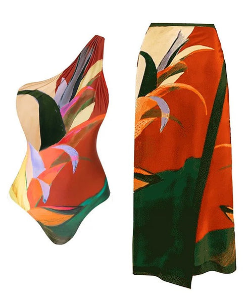 Multicolor Tropical One Shoulder One Piece Swimsuit With Sarong
