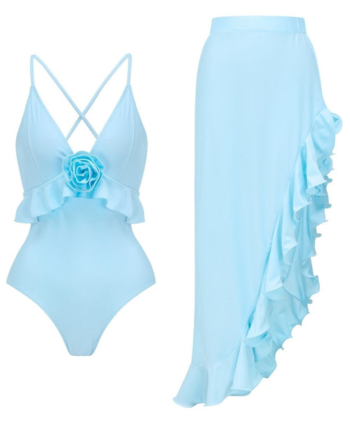Sky Blue Solid Ruffle One Piece Swimsuit With Beach Skirt