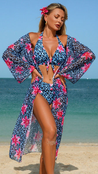 Blue Animal Print Halter Bikini Set With Long Sleeve Shrug Cover Up