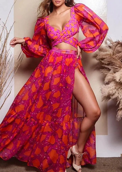 Pink Abstract Wrap Bikini Set With Sarong