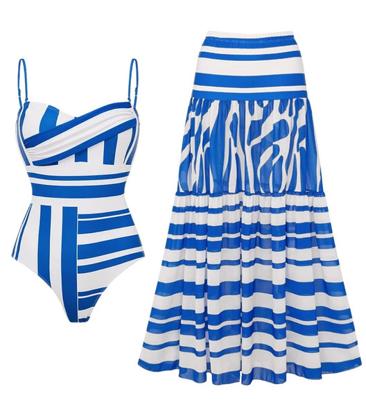Blue Stripes Tummy Control Swimsuit With Beach Skirt