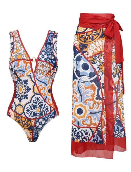 Red Geometric Tummy Control Swimsuit With Sarong