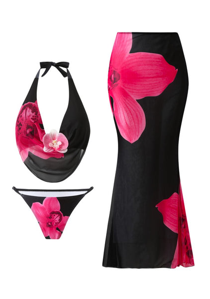 Black Floral Halter Bikini Set With Beach Skirt