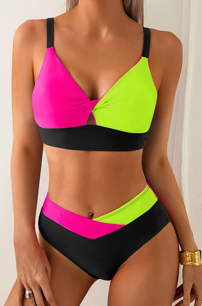 Multicolor Colorblock High Waisted Bikini Set