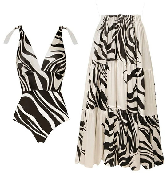 White Animal Print Deep V One Piece Swimsuit With Beach Skirt