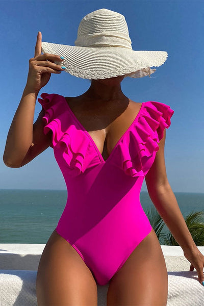 Dark Pink Solid Ruffle One Piece Swimsuit