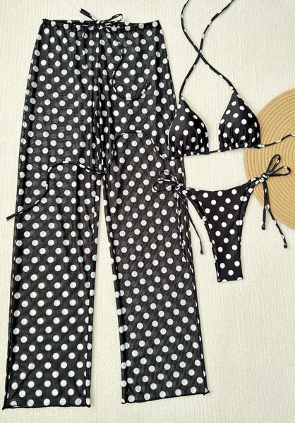 Black Polka Dots Triangle Bikini Set With Beach Pants
