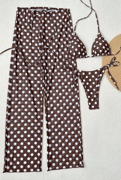 Brown Polka Dots Triangle Bikini Set With Beach Pants