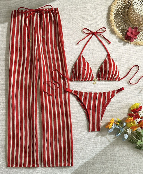 Red Stripes Halter Bikini Set With Beach Pants