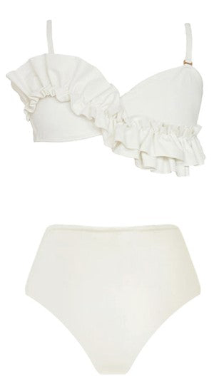 Solid Ruffle Shoulder Straps Two Piece High Waist Swimsuit White