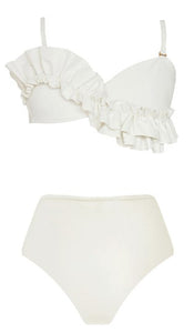 Solid Ruffle Shoulder Straps Two Piece High Waist Swimsuit White
