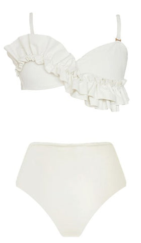 Solid Ruffle Shoulder Straps Two Piece High Waist Swimsuit White
