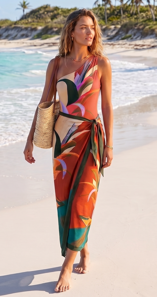 Multicolor Tropical One Shoulder One Piece Swimsuit With Sarong