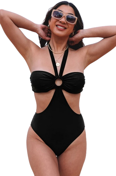 Black Halter O-ring Ruched Bust One Piece Swimsuit
