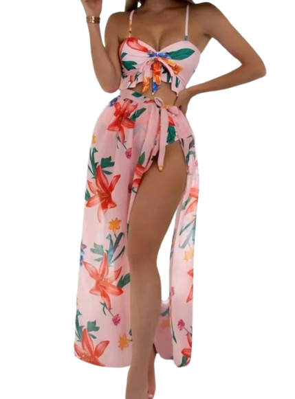 Floral Print 3pack Ruffle Hem Bikini Swimsuit Pink