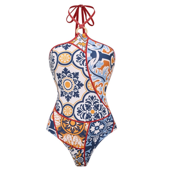 Red Geometric Halter One Piece Swimsuit With Sarong