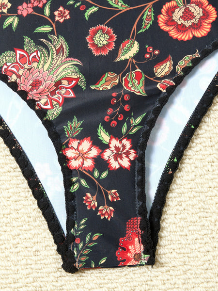 Black Floral Halter One Piece Swimsuit With Sarong