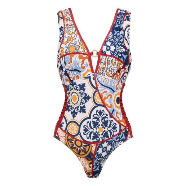 Red Geometric Tummy Control Swimsuit With Sarong