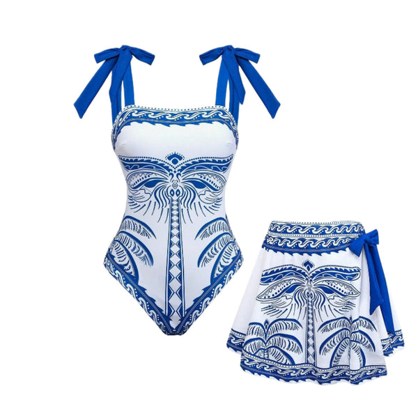 Blue Tropical One Piece Swimsuit With Beach Skirt