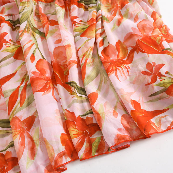 Flower Print Shoulder Straps One Piece Swimsuit With Cover Up Orange