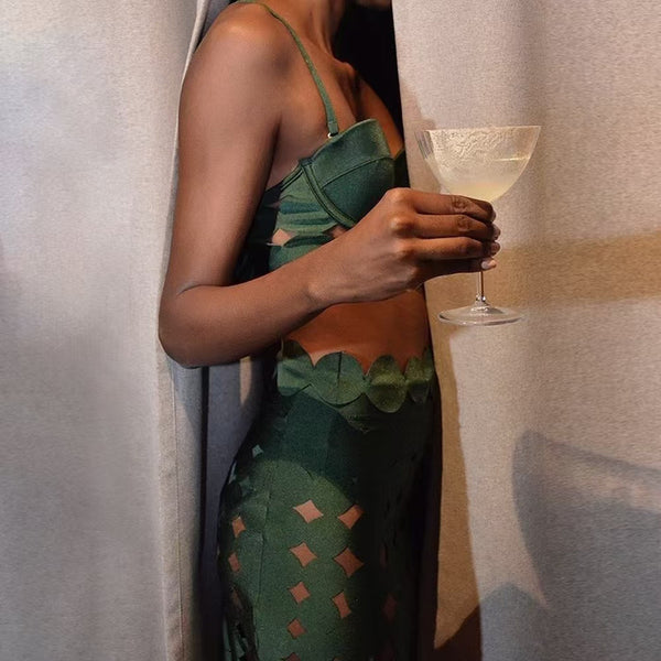 Green Solid High Waisted Bikini Set With Beach Skirt