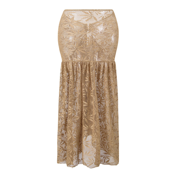 Brown Mesh Print Halter Bikini Set With Maxi Cover Up