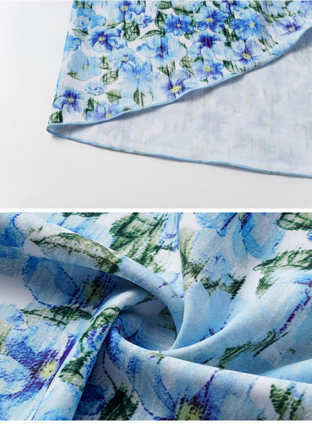 Floral Print Flower Décor Shoulder Straps One-Piece Swimsuit with Sarong Blue