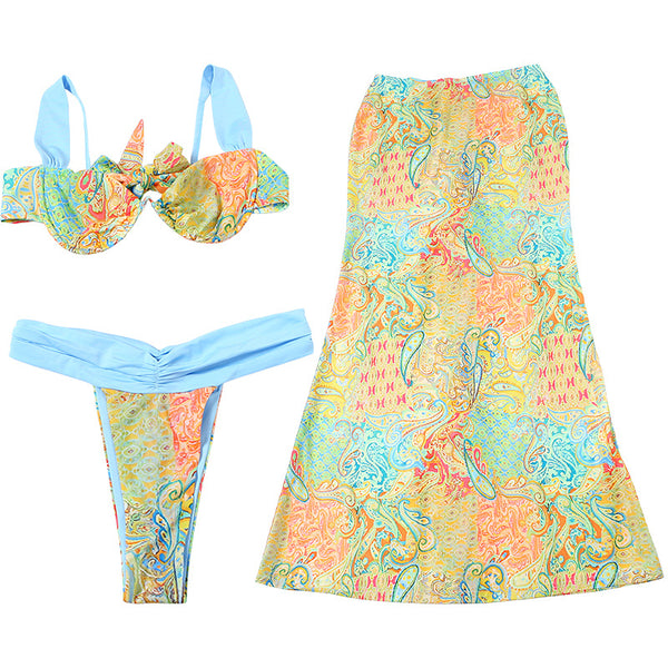 Multicolor Paisley Brazilian Bikini Set With Beach Skirt Without Pads