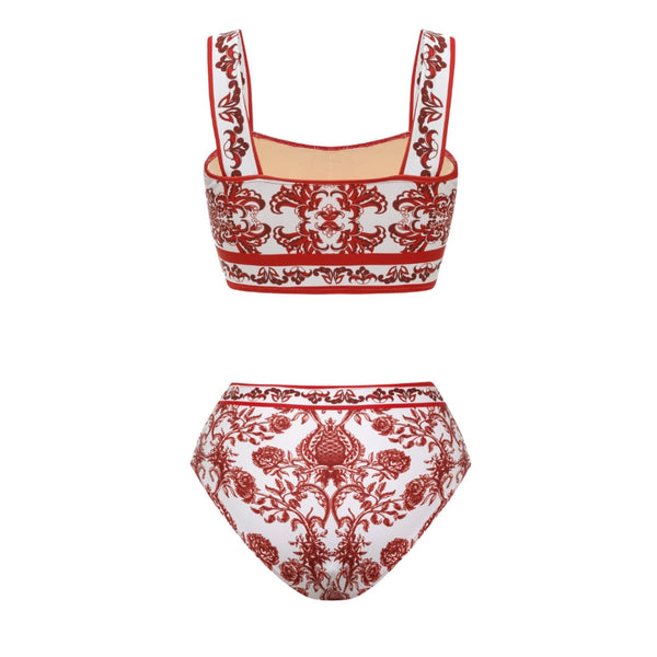 Red Majolica print High Waisted Bikini Set With Beach Skirt