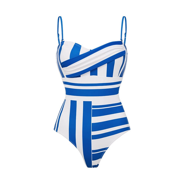 Blue Stripes Tummy Control Swimsuit With Beach Skirt