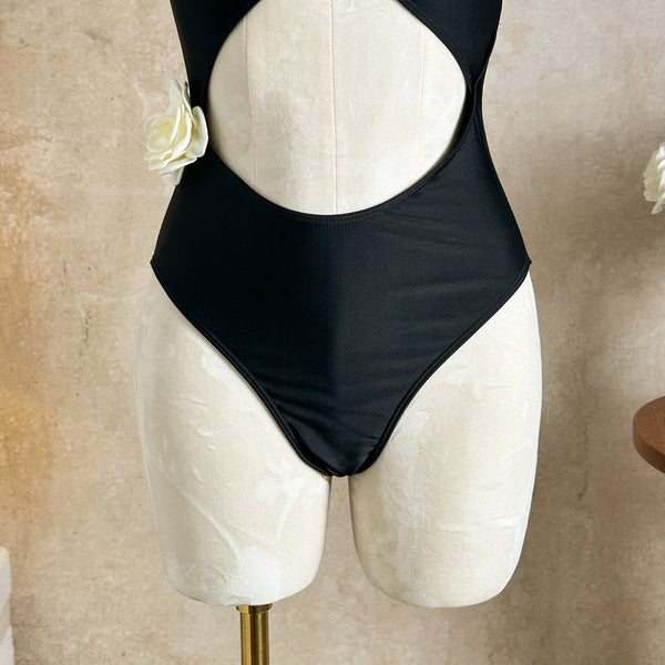 Black Solid One Shoulder One Piece Swimsuit