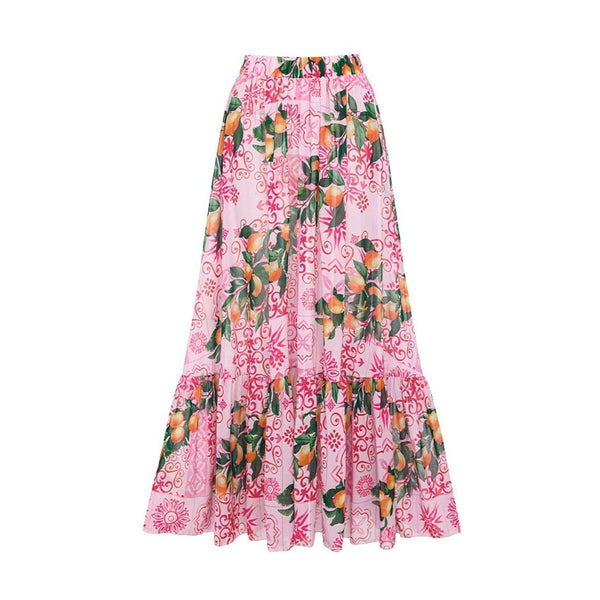Pink Fruit Print Deep V One Piece Swimsuit With Beach Skirt