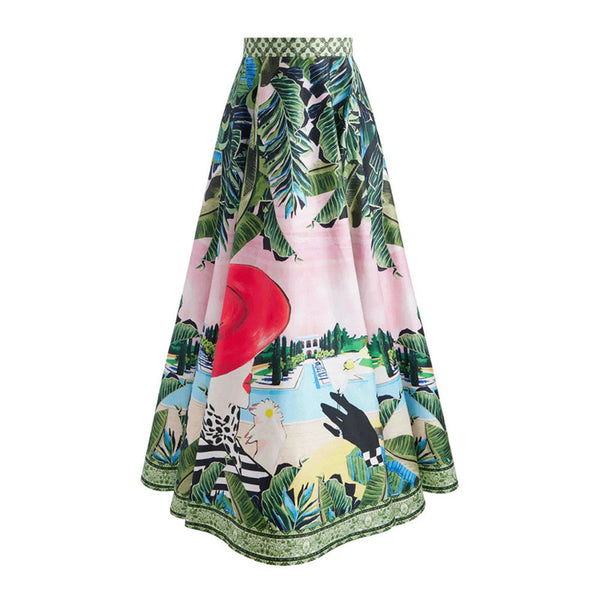 Green Tropical High Cut One Piece Swimsuit With Beach Skirt