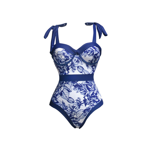 Floral Printed Ruffle Bikinis Strappy with Skirt Blue