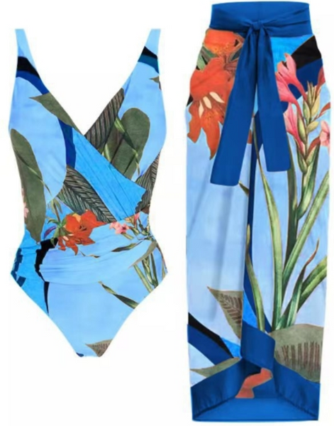 Printed Swimsuit & Beach Cover Up Sarong Set Blue