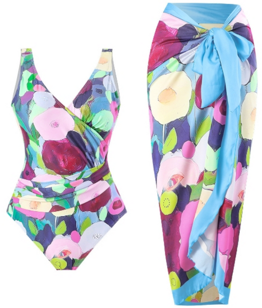 Printed Swimsuit & Beach Cover Up Sarong Set Sky Blue