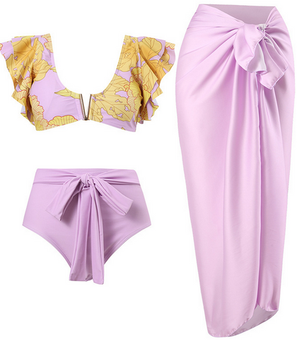 3 Pieces Split Bikini With Halter Strap And Skirt Light Purple
