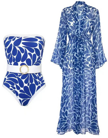 Flower Print One Piece Swimsuit with Long Cover Up Blue