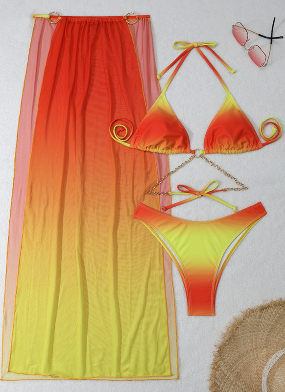 Ombre Halter Top Rash Guard with Detachable Pads and Metal Chain Swimw ...